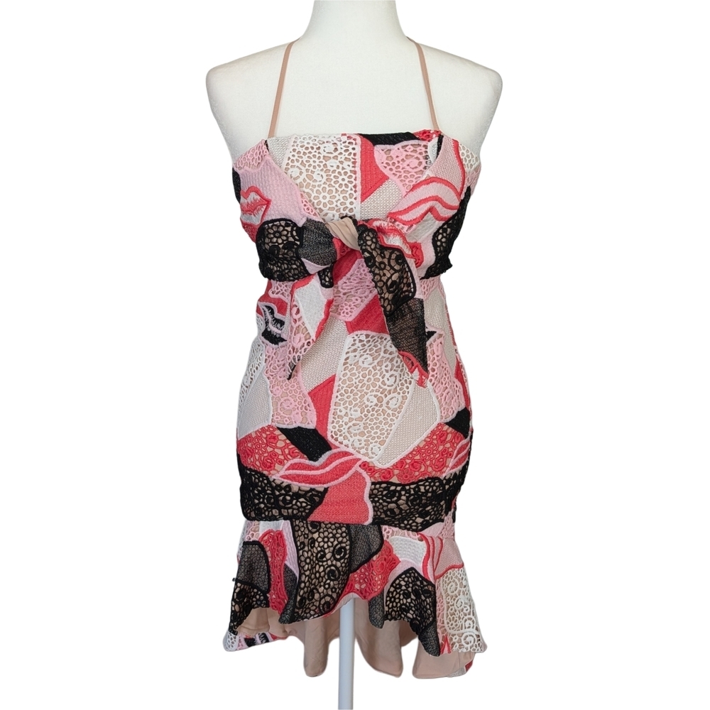 AKIRA Pink Black White Lace Detail Halter Criss Cross Back High Low Dress Small